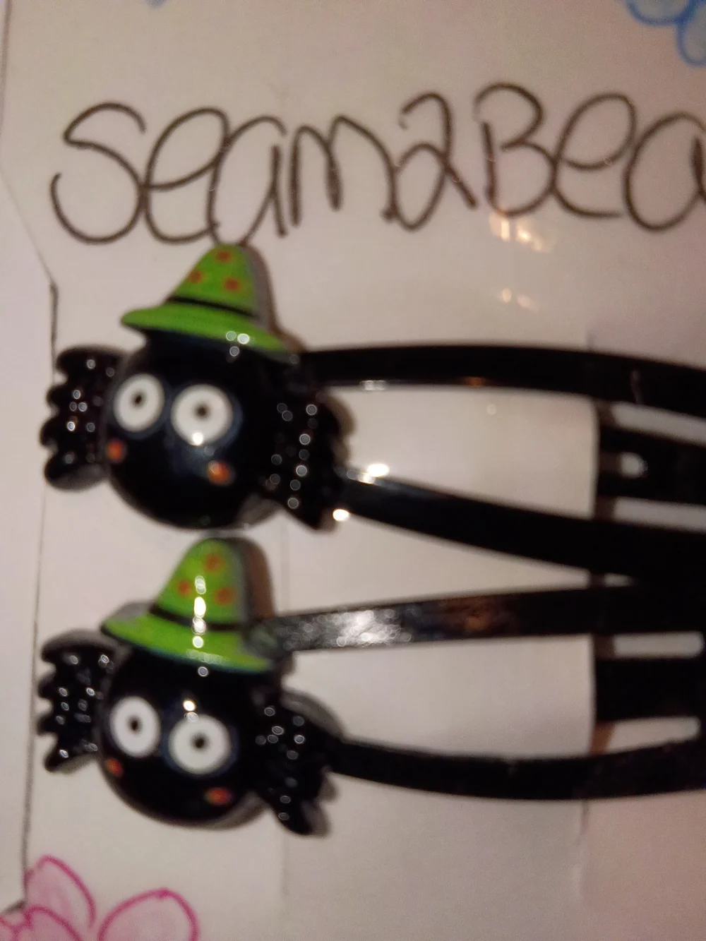 Kids Black Spider Witch Hair Clips - Green Hat